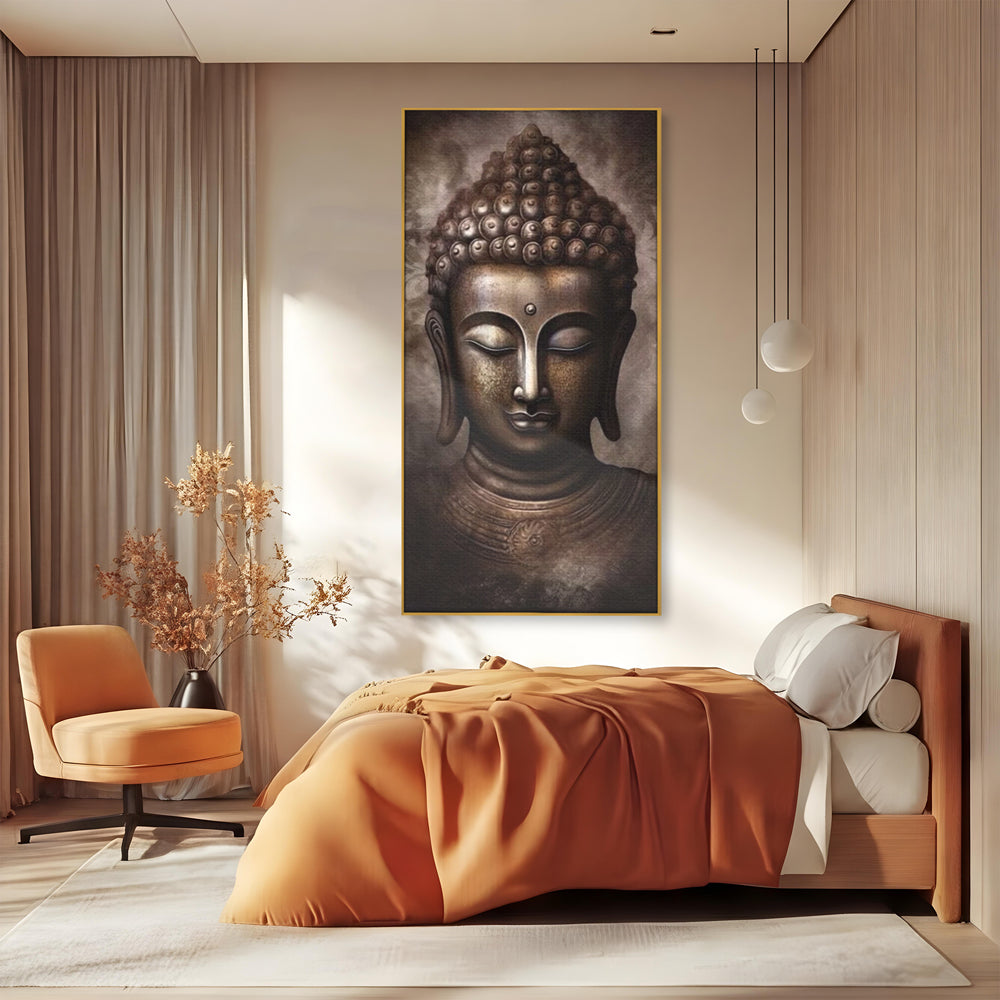 Tablou canvas cu tablou canvas cu portret buddha, in rama de aluminiu auriu, pe perete intr-un dormitor
